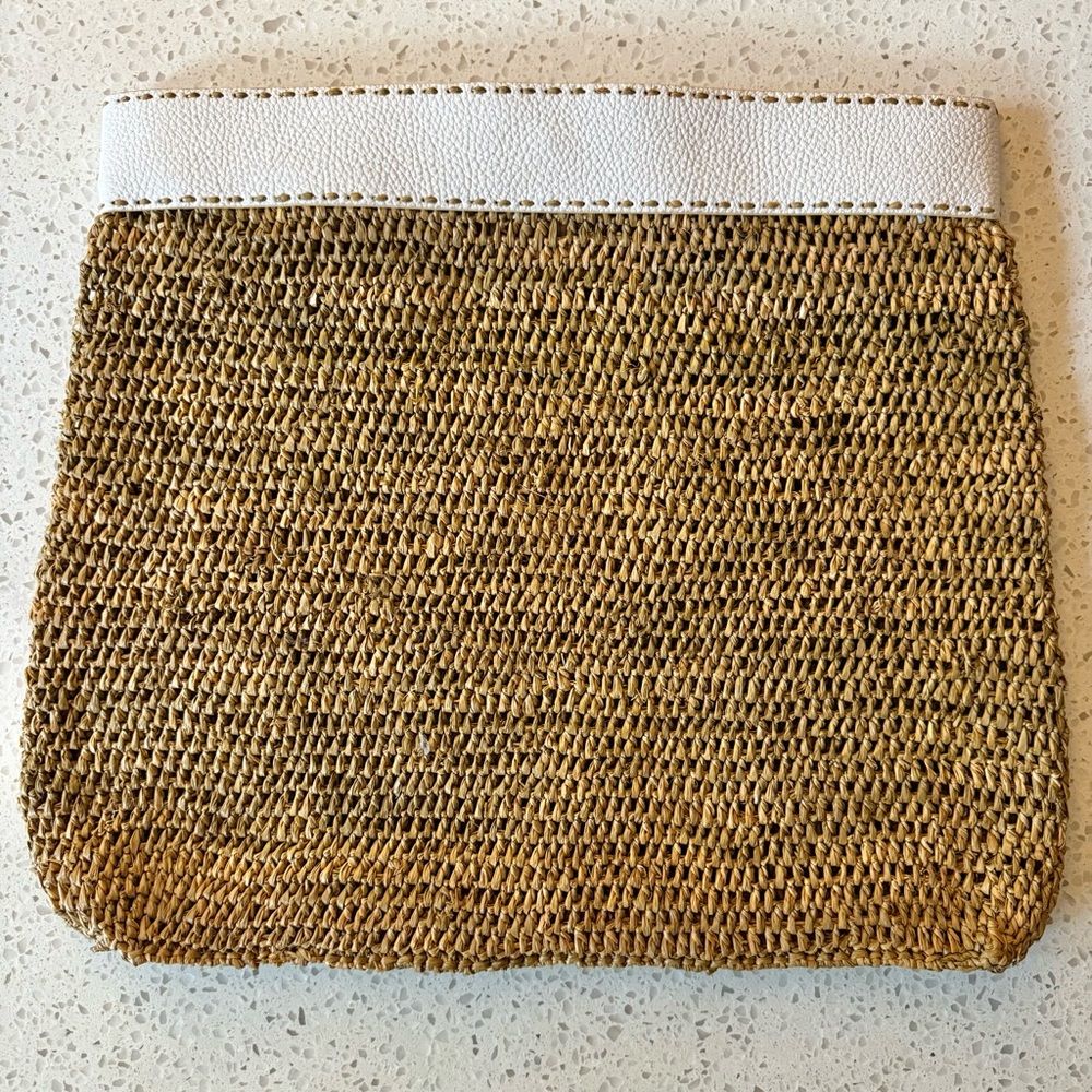 NWOT Michael Kors LARGE Fold-over Raffia Clutch with White Leather Trim